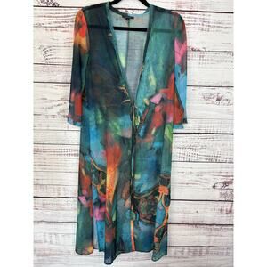 Womens Floryday Teal Abstract Art Duster Sheer Beach Swim Cover Up Boho Flowy S